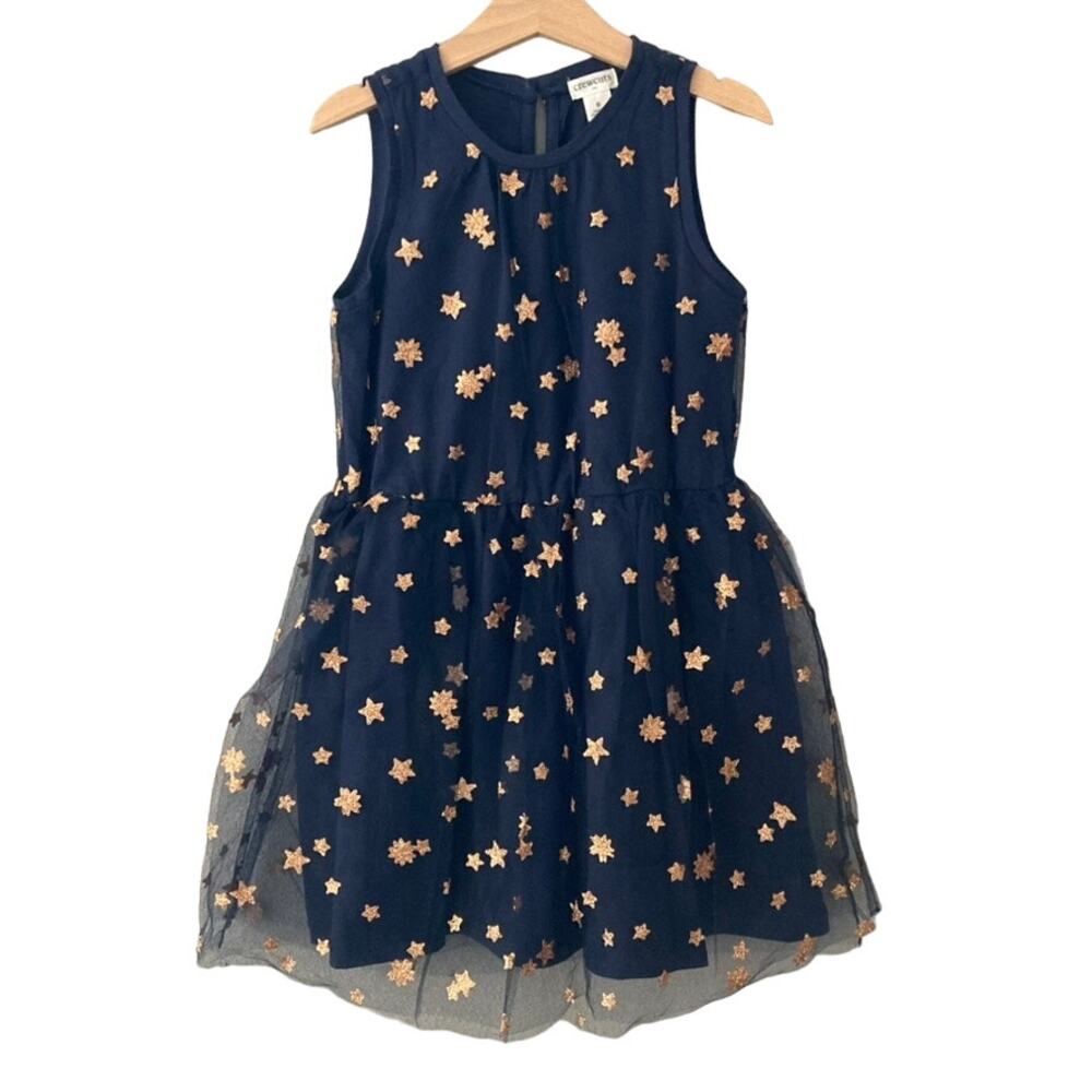 Crewcuts Glitter Star Tulle Overlay Sleeveless Dress - Blue Gold - 6
